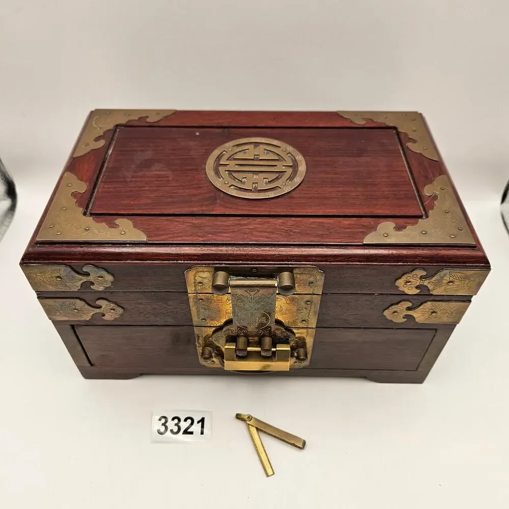 CHINESE STYLE WOODEN JEWELRY BOX W KEY BRASS LOCK RED LINED ORGANIZER